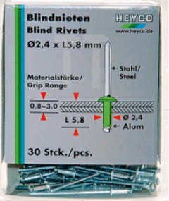 Set, Rivet Blind In Blister Packing, 2.4mm #1262-24-1, Packing Unit: 30 Pcs, Aluminium Alloy, HEYCO (01262240100)