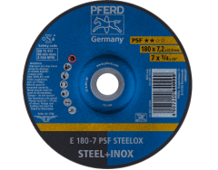 Disc Grinding Reinforced Depressed, Aluminium Oxide A 230 x 7.2 x 22.23mm (D x U x H) Max. RPM 6600, For Stainless Steel (INOX), PFERD (E2307PSF-STEELOX)