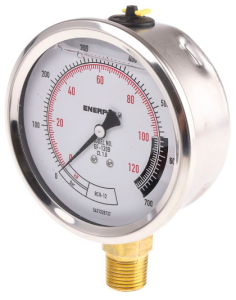 Gauge, Hydraulic Force And Pressure Gauge, Face Dia. 4'', 1/2'' NPTF, 0-700 Bar/0-124 kN, ENERPAC (GF120B)