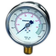 Gauge, Hydraulic Force And Pressure Gauge, Face Dia. 4'', 1/2'' NPTF, 0-10,000 PSI/700 Bar, ENERPAC (GP10S)