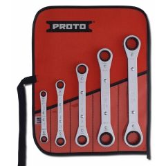 Set, Wrench (Ring/Box) 12 Point 1/4'' x 5/16'' to 3/4'' x 7/8''AF x 5 pcs double end Set, ratcheting non-reversible, roll pouch, steel chrome finish, PROTO (J1190A)