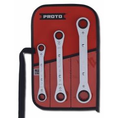 Set, Wrench (Ring/Box) 12 Point 3/8'' x 7/16'' to 5/8'' x 11/16''AF x 3 pcs double end Set, ratcheting non-reversible, roll pouch, steel chrome finish, PROTO (J1190B)