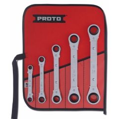 Set, Wrench (Ring/Box) 12 Point 1/4'' x 5/16'' to 3/4'' x 7/8''AF x 5 pcs double end Set, offset reversible ratcheting, roll pouch, steel chrome finish, PROTO (J1190LO)