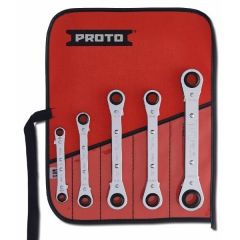 Set, Wrench (Ring/Box) 12 Point 7 x 8 mm to 15 x 17 mm AF x 5 pcs double end Set, offset reversible ratcheting, roll pouch, steel chrome finish, PROTO (J1190MLO)