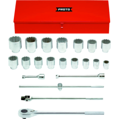 Set, Socket 1'' Drive, 1.1/2''-3.1/2'' x 27 pcs, Std 12 pt, Steel Chrome, Metal Box, PROTO (57102A)