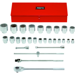 Set, Socket 1'' Drive, 1.1/16''-3.1/2'' x 29 pcs, Std 12 pt, Steel Chrome, Metal Box, PROTO (57104A)