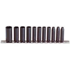 1/4'' Drive Socket Deep Impact 6 Point Set, 3/16''-5/8'' AF x 11 pcs with bar and clip, steel black finish, PROTO (J69116)