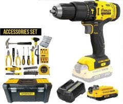 Hammer Drill, 20V Cordless with Hand Tools Set, 50Nm, 0-1500rpm, Chuck 13mm c/w 2 x 2.0ah Battery 1 x Charger, STANLEY (SCD711C1H-B1)